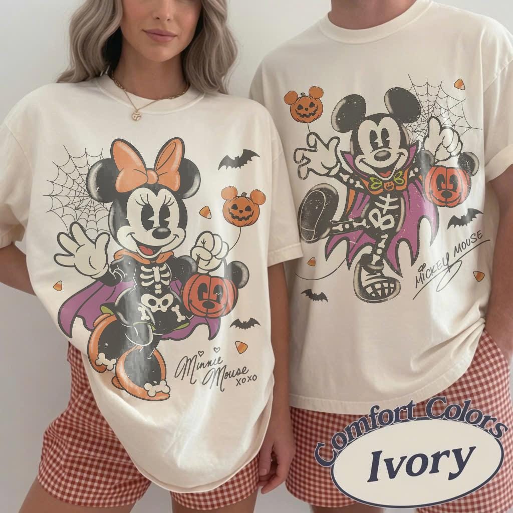 Retro Mickey Minnie Halloween Shirt, Disney Spooky Season Couple Tee, Mickey Ghost Minnie Ghost, Matching Family Halloween Party Shirts 2