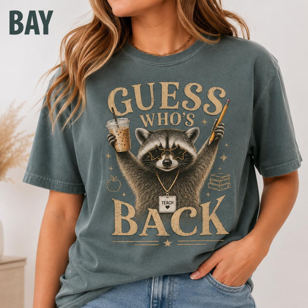 Guess Who’s Back Teacher Shirt, Funny Raccoon Teacher Comfort Colors Tee, First Day of School Teacher Gift Raccoon Shirt
